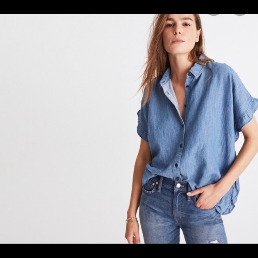 Madewell Denim Ruffle Side Button Down Top